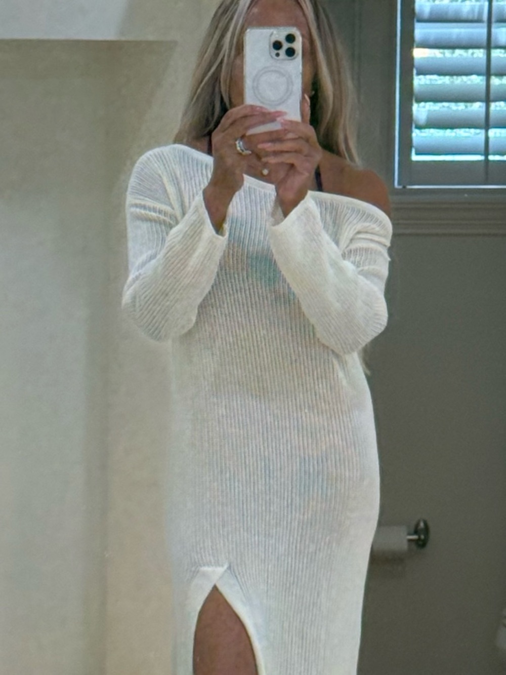 Off-Shoulder Cream Ribbed Maxi Sweater Dress
